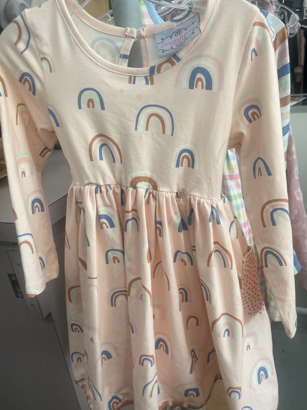Peach Rainbow-Print Long Sleeve Dress for Kids